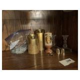 BATTERY OP CANDLE, GLASS CANDLESTICKS, ETC.