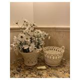 2 WHITE BASKETS WHITE WITH GOLD TRIM