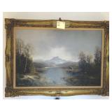 OIL ON CANVAS PAINTING POND BOATHOUSE SCENE