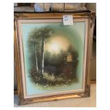 OIL ON CANVAS POND SCENE WITH WHEELHOUSE IN BACK