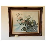 OIL ON CANVAS BIRDS ON FLOWER 28X30 S.T. YOUNG