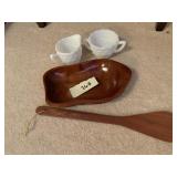 MILK GLASS CREAMER ANS SUGAR SET WITH CARVED WOOD