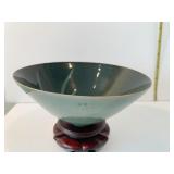 WOOD BASE PEDESTAL BOWL W/ FLOWER DESIGN SIGNED
