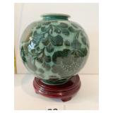 GU QING SIGNED CELADON VASE 5.5" H X 5.5" W/ WOOD