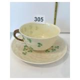 BELLEEK SHAMROCK CUP/SAUCERS GREEN MARK 0857