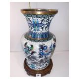 CLOISONNï¿½ VASE FLOWER DESIGN W/ WOOD PEDESTAL