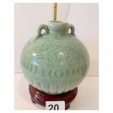 CELADON VASE 5" H X 4.5" - SIGNED BASE W/ WOOD