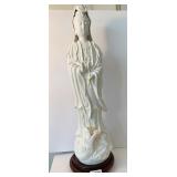 ASIAN PORCELAIN FIGURE WOMAN W/ DRAGON 18" H WOOD