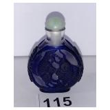 CHINESE BLUE ETCHED GLASS SNUFF BOTTLE 2 1/8" W X