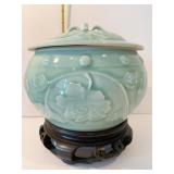 CELADON BOWL W/ LID LEAF DESIGN STANDS 6" H X