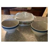 CORNING COVERED BAKING DISH AND 2 BOWLS
