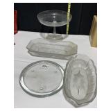 PEDESTAL DISH, 2 OVAL BOWLS, GLASS PLATE