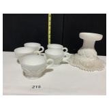 WHITE MILK GLASS PEDESTAL BASE AND 4 CUPS