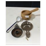 LOT OF WOOD MORTAR & PESTEL, METAL SOUP LADLE,