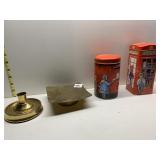 TIN BANKS, BRASS CANDLE STAND