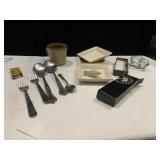 METAL BIRD, 3 POTTERY DISHES, 2 LARGE SERVING