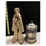 GLASS COBALT LINED JAR, 9.5" H POTTERY FIGURE W/