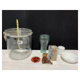 LUCITE BUCKET W/ LID NO HANDLE, COKE GLASS, WOOD