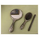 SILVER TONE DRESSER SET INCLUDING MIRROR, BRUSH