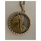 WALKING LIBERTY HALF DOLLAR IN NECKLACE SETTING,