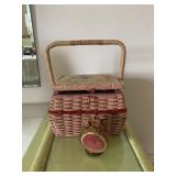 SEWING BASKET WITH SEWING WHATNOTS AND ORNATE PIN
