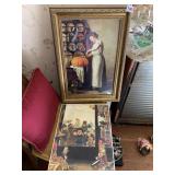 22" X 16" FRAMED WOMAN CARVING PUMPKIN AND PRINT