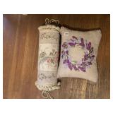 NEEDLEPOINT BOLSTER PILLOW AND LAVENDER WREATH