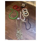 BAKELITE BRACELETS, SHELL NECKLACE, CROSS