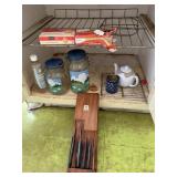 KNIVES, TEAPOT, GLASS JARS WHITE TEAPOT