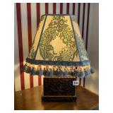 COMPOSITION LAMP 19" H X 6" BASE W/ FRINGE SHADE