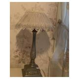 METAL BASE LAMP WITH LACE SHADE, DOES HAVE BROKEN