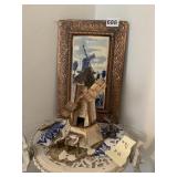 FRAMED WINDMILL TILE, PEWTER WINDMILL, WOOD