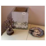 AMETHYST WIRE TREE, PAINTED WOODEN TRASH CAN,