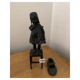 BRONZE BABY STATUE STANDING ON CHAIR AND BABY