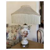 PORCELAIN LAMP W/ FRINGE SHADE ONE FLOWER BROKEN
