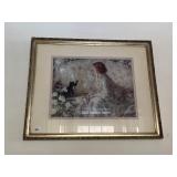 WOMAN W/ CAT AND PEARLS PRINT FRAMED SILVER TON