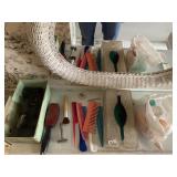 VINTAGE CURLERS, COMBS, RAZOR, TISSUE BOX