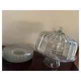 COVERED GLASS CAKE PLATE AND DESSERT PLATES