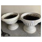 TWO WHITE PEDESTAL PLANTERS