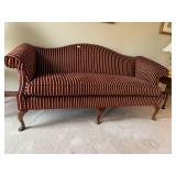 BURGUNDY AND GOLD STRIPPED QUEEN ANNE LEG SOFA