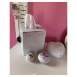 COVERED TISSUE BOX, 3 TRINKET BOXES, MEASURING