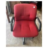 TWO ROLLING OFFICE CHAIRS RED UPHL. GOOD