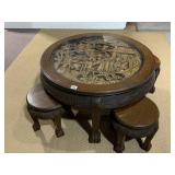 HEAVILY CARVED ORIENTAL DINING SET GLASS TOP W/ 4