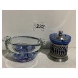 ART GLASS BLUE ASH TRAY AND SILVER PLATED SUGAR