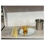 UTENSIL CROCK, MIRROR PANEL, TAPER CANDLES, GLASS
