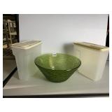 2- 3 GAL RUBBERMAID CONTAINERS AND LARGE GREEN