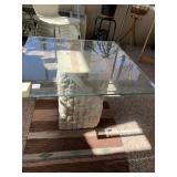COFFEE TABLE GLASS TOP STONE BASE 19" H X 26" W X