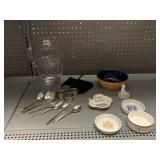 NAPKIN RINGS, GLASS PITCHER, ASHTRAYS, TEA BAG