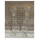 PAIR OF TALL GLASS CANDLE HOLDERS WITH GOLD TONE
