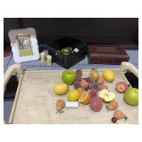 FAUX FRUIT, PICTURE FRAME, LEATHER DRESSER BOX